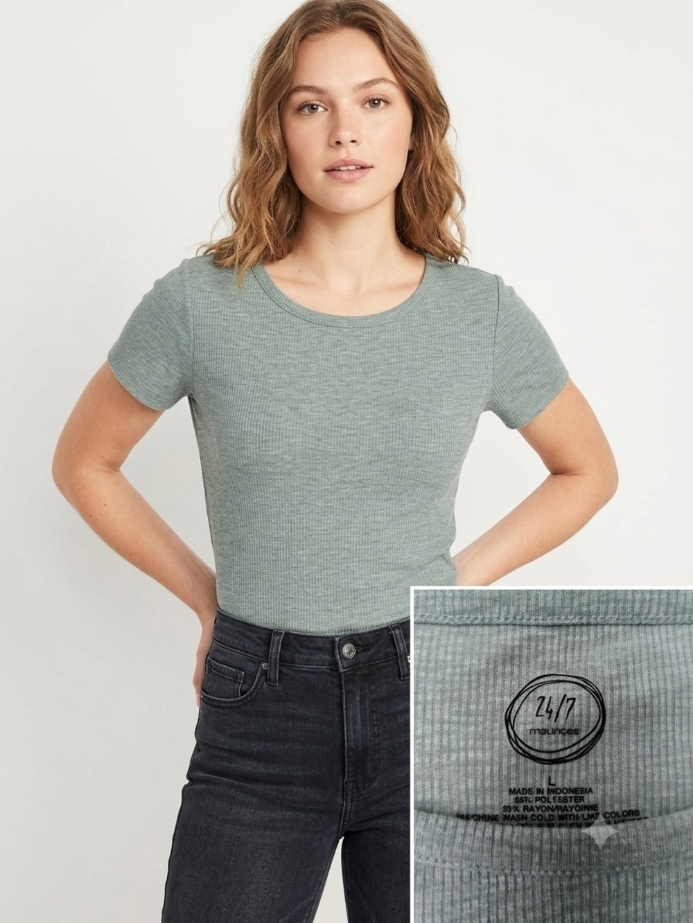 24/7  Sage Green Ribbed Short Sleeve Tee. (WS 64)